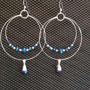 Blue and silver double hoop earrings